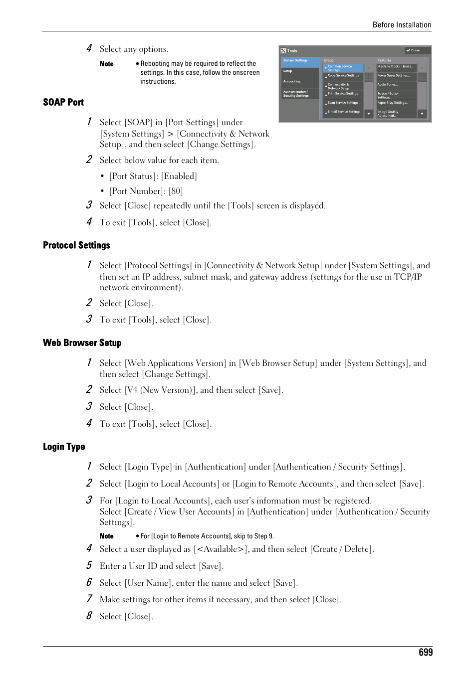 Soap port" (p.699), Protocol settings, P.699) | Web browser setup, Login type" (p.699) | Dell C7765DN MFP Color Laser Printer User Manual | Page 699 / 831