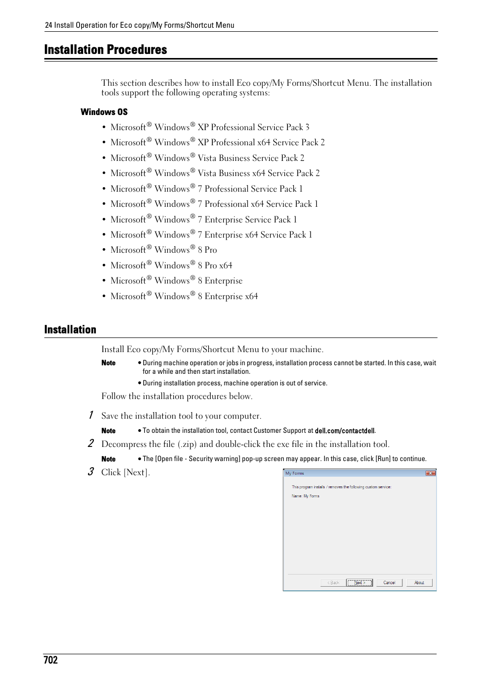 Installation procedures, Installation | Dell C7765DN MFP Color Laser Printer User Manual | Page 702 / 831