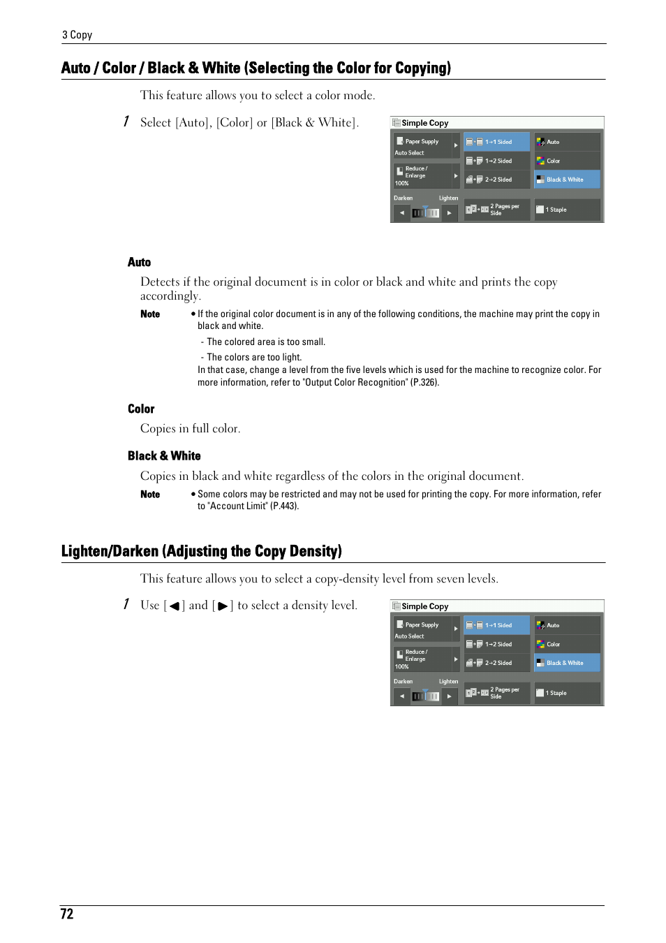 Lighten/darken (adjusting the copy density), Auto | Dell C7765DN MFP Color Laser Printer User Manual | Page 72 / 831