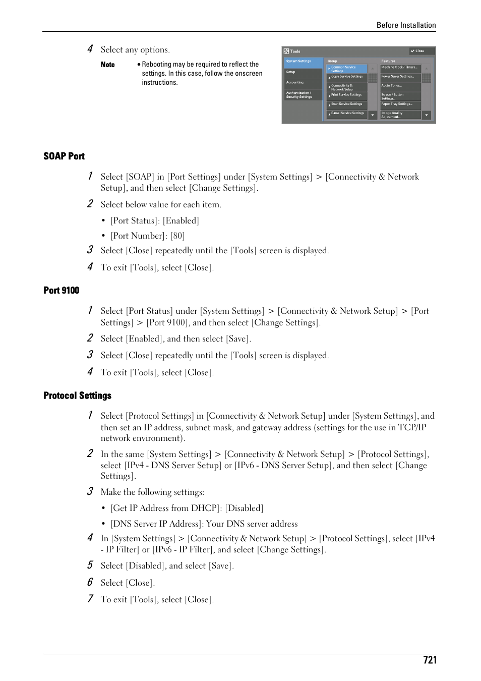 Soap port" (p.721), Port 9100" (p.721), Protocol settings | P.721) | Dell C7765DN MFP Color Laser Printer User Manual | Page 721 / 831