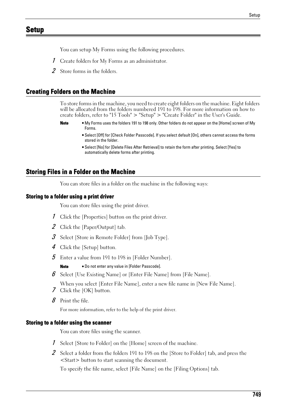 Setup, Creating folders on the machine, Storing files in a folder on the machine | Dell C7765DN MFP Color Laser Printer User Manual | Page 749 / 831