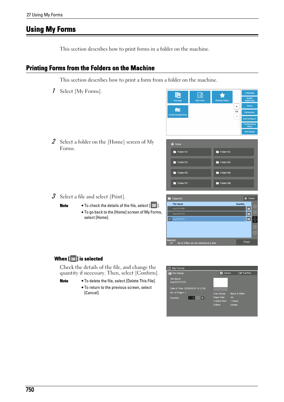 Using my forms, Printing forms from the folders on the machine | Dell C7765DN MFP Color Laser Printer User Manual | Page 750 / 831