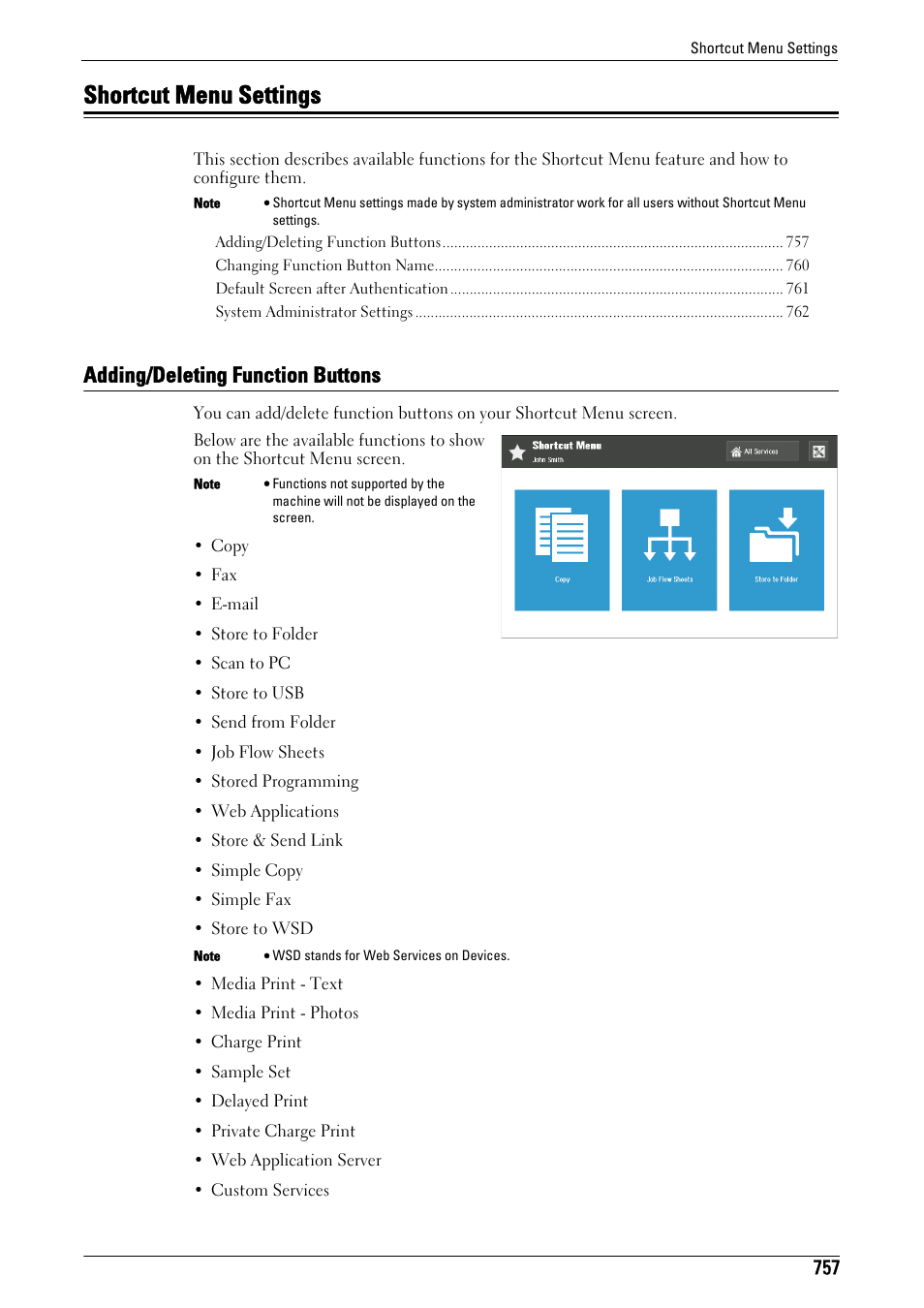 Shortcut menu settings, Adding/deleting function buttons, Shortcut menu sett | R to "adding, Deleting function buttons" (p.757) | Dell C7765DN MFP Color Laser Printer User Manual | Page 757 / 831