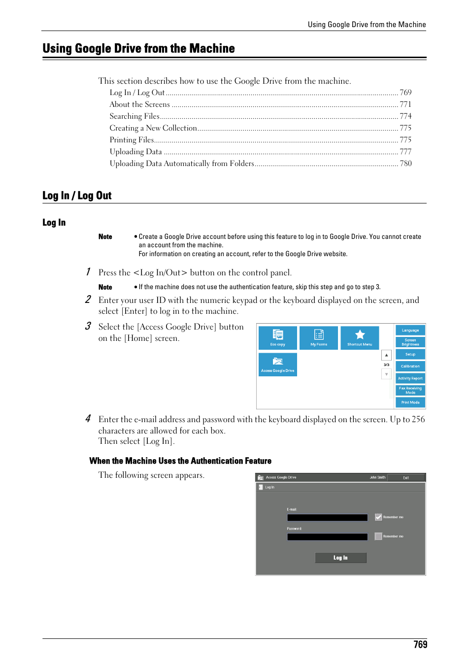 Using google drive from the machine, Log in / log out, Using google | Log in | Dell C7765DN MFP Color Laser Printer User Manual | Page 769 / 831