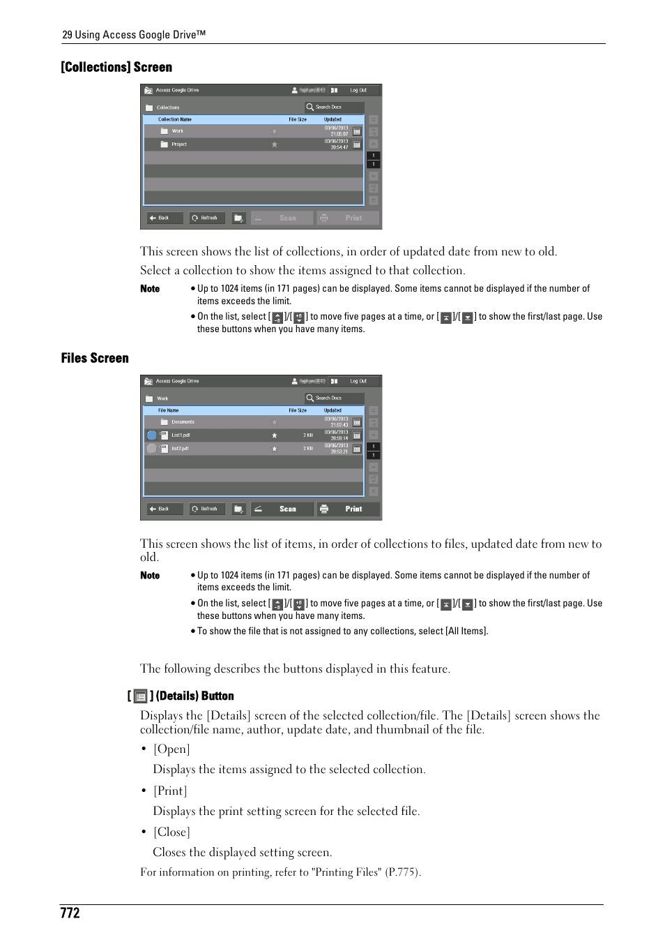 Collections] screen, Files screen | Dell C7765DN MFP Color Laser Printer User Manual | Page 772 / 831