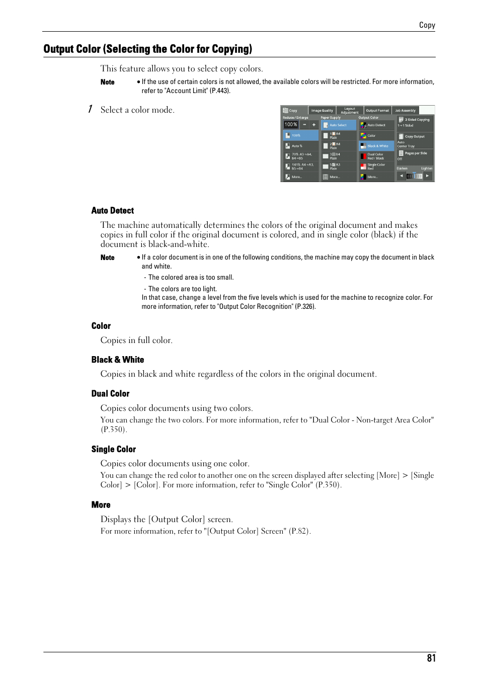 Output color (selecting the color for copying), Output color (selecting the | Dell C7765DN MFP Color Laser Printer User Manual | Page 81 / 831