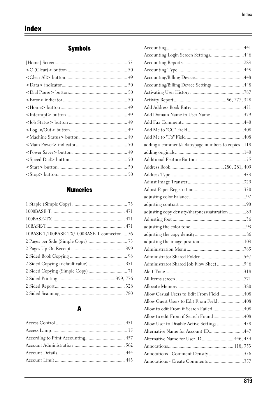 Index, Symbols, Numerics | Dell C7765DN MFP Color Laser Printer User Manual | Page 819 / 831