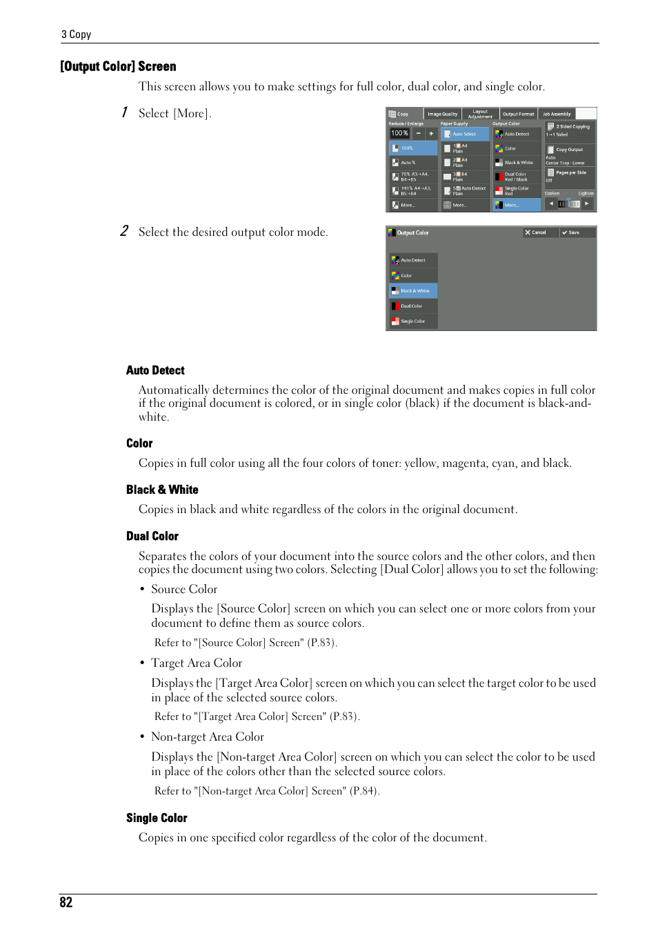 Output color] screen" (p.82) | Dell C7765DN MFP Color Laser Printer User Manual | Page 82 / 831