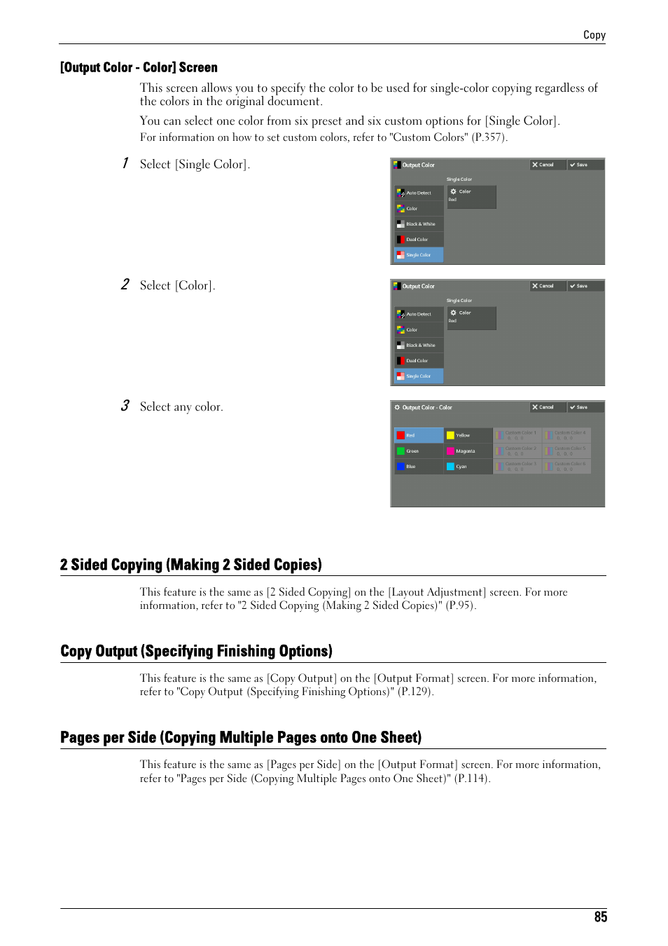 2 sided copying (making 2 sided copies), Copy output (specifying finishing options), Copy output (spe | Dell C7765DN MFP Color Laser Printer User Manual | Page 85 / 831