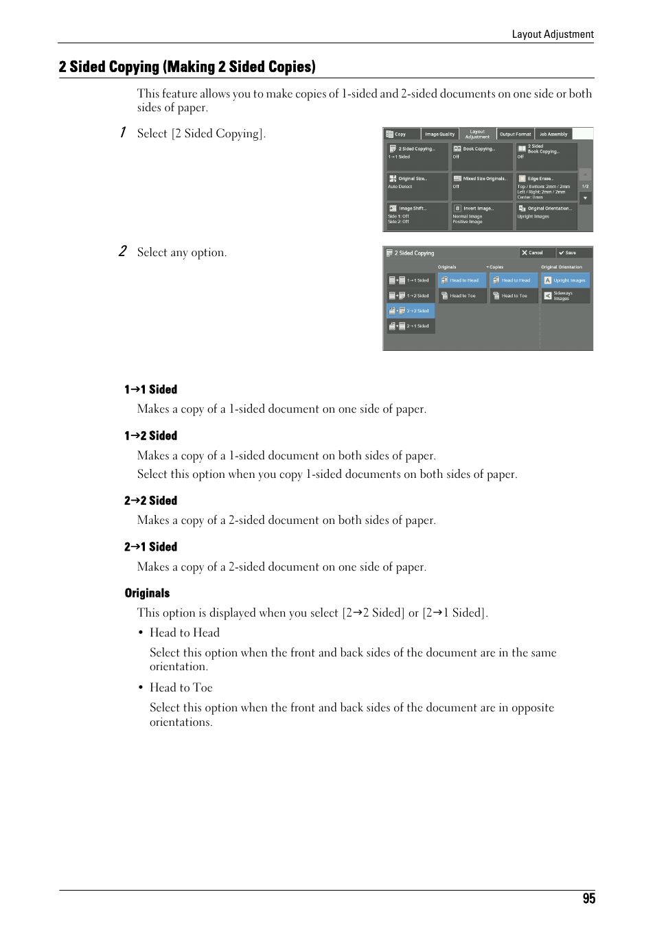 2 sided copying (making 2 sided copies), 2 sided copying (making 2 sided copies)" (p.95) | Dell C7765DN MFP Color Laser Printer User Manual | Page 95 / 831