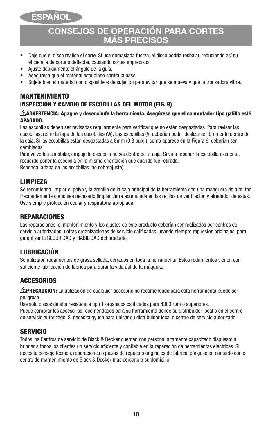 Español, Consejos de operación para cortes más precisos | Black & Decker Linea Pro ITM90545036 User Manual | Page 10 / 27