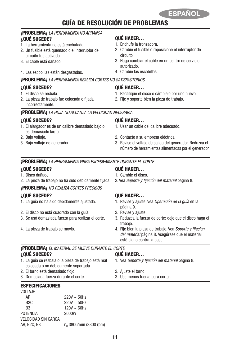 Español guía de resolución de problemas | Black & Decker Linea Pro ITM90545036 User Manual | Page 11 / 27