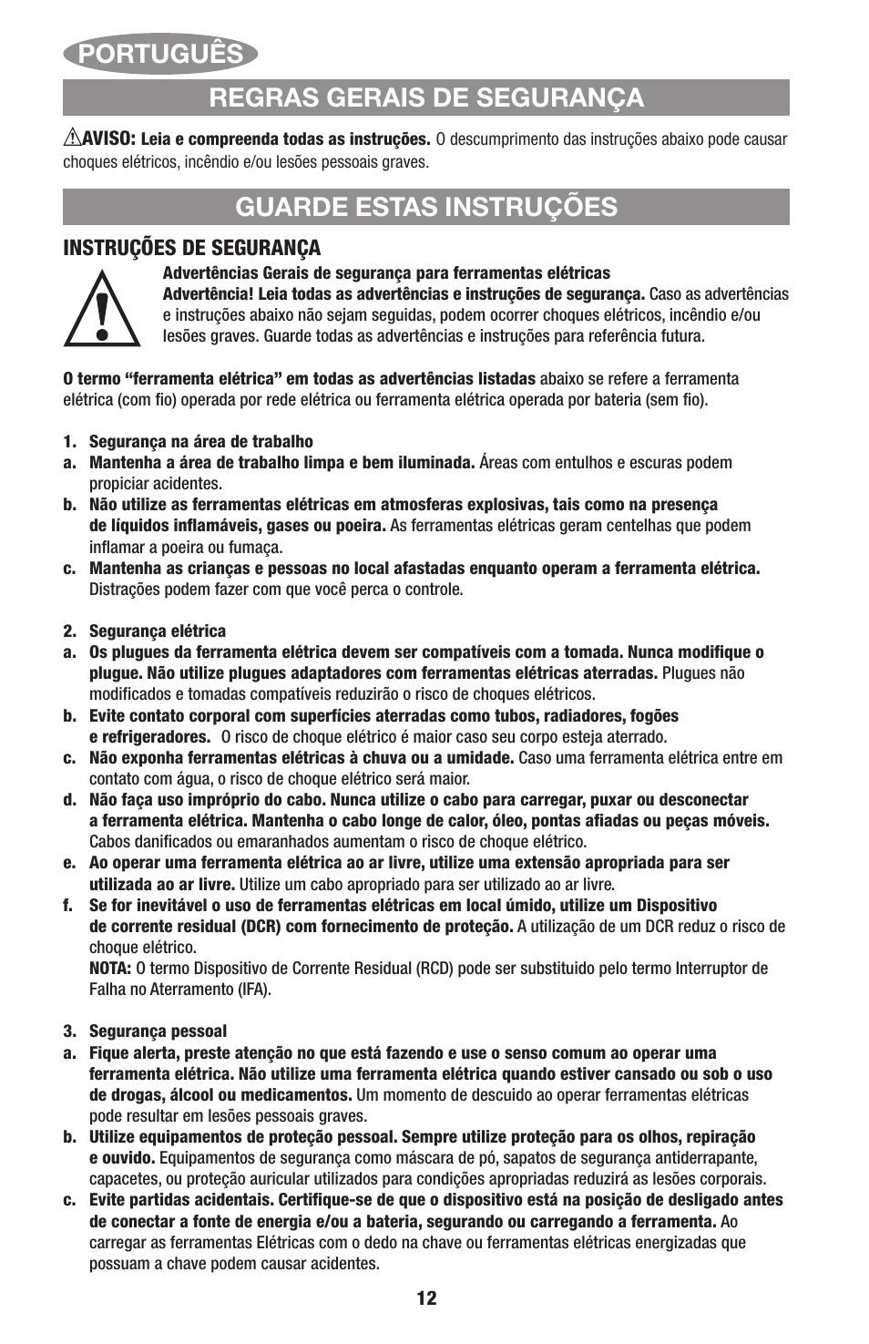 Português, Regras gerais de segurança guarde estas instruções, Instruções de segurança | Black & Decker Linea Pro ITM90545036 User Manual | Page 12 / 27