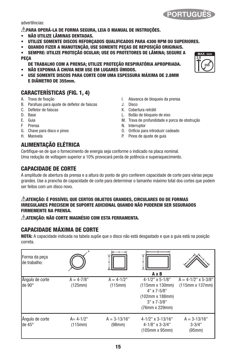 Português, Características (fig. 1, 4) alimentação elétrica, Capacidade de corte | Capacidade máxima de corte | Black & Decker Linea Pro ITM90545036 User Manual | Page 15 / 27