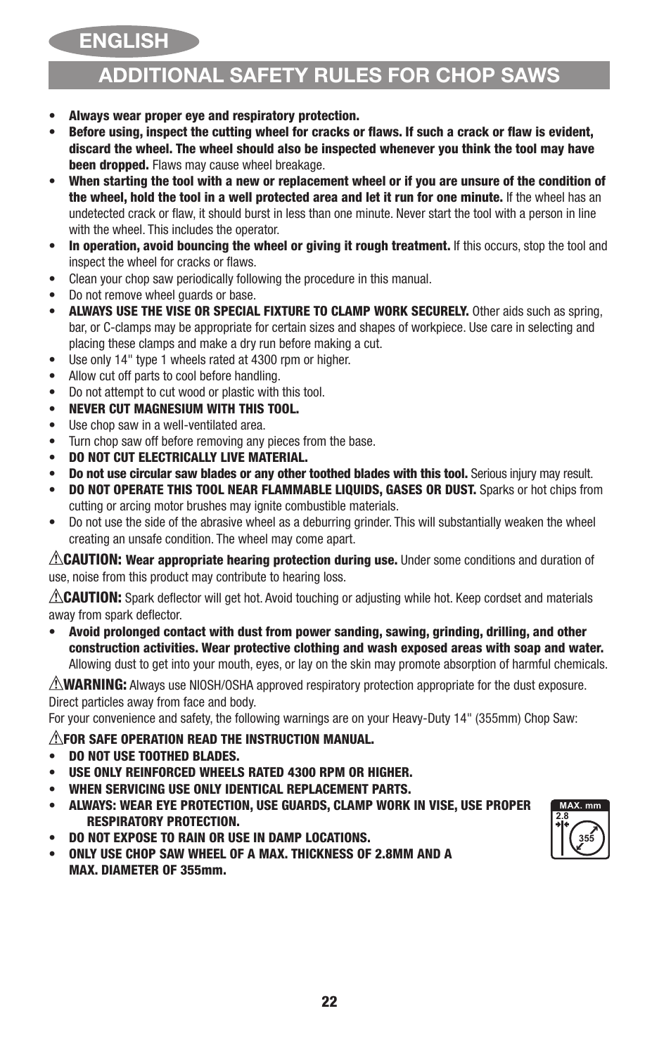 English, Additional safety rules for chop saws | Black & Decker Linea Pro ITM90545036 User Manual | Page 22 / 27