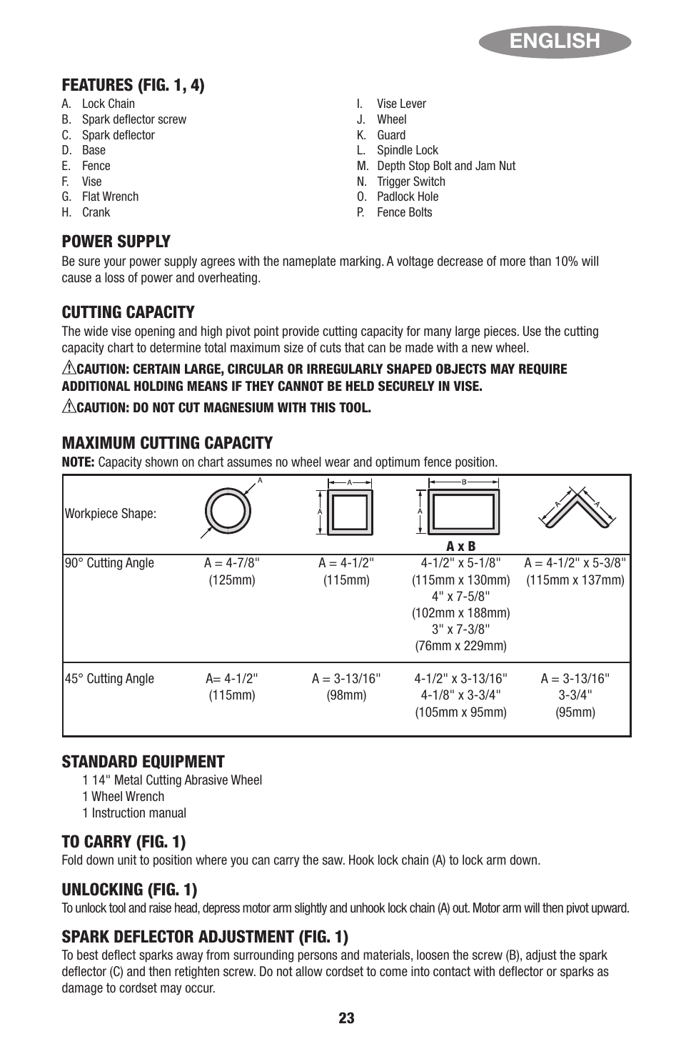 English, Features (fig. 1, 4) power supply, Cutting capacity | Maximum cutting capacity, Standard equipment, Unlocking (fig. 1), Spark deflector adjustment (fig. 1) | Black & Decker Linea Pro ITM90545036 User Manual | Page 23 / 27