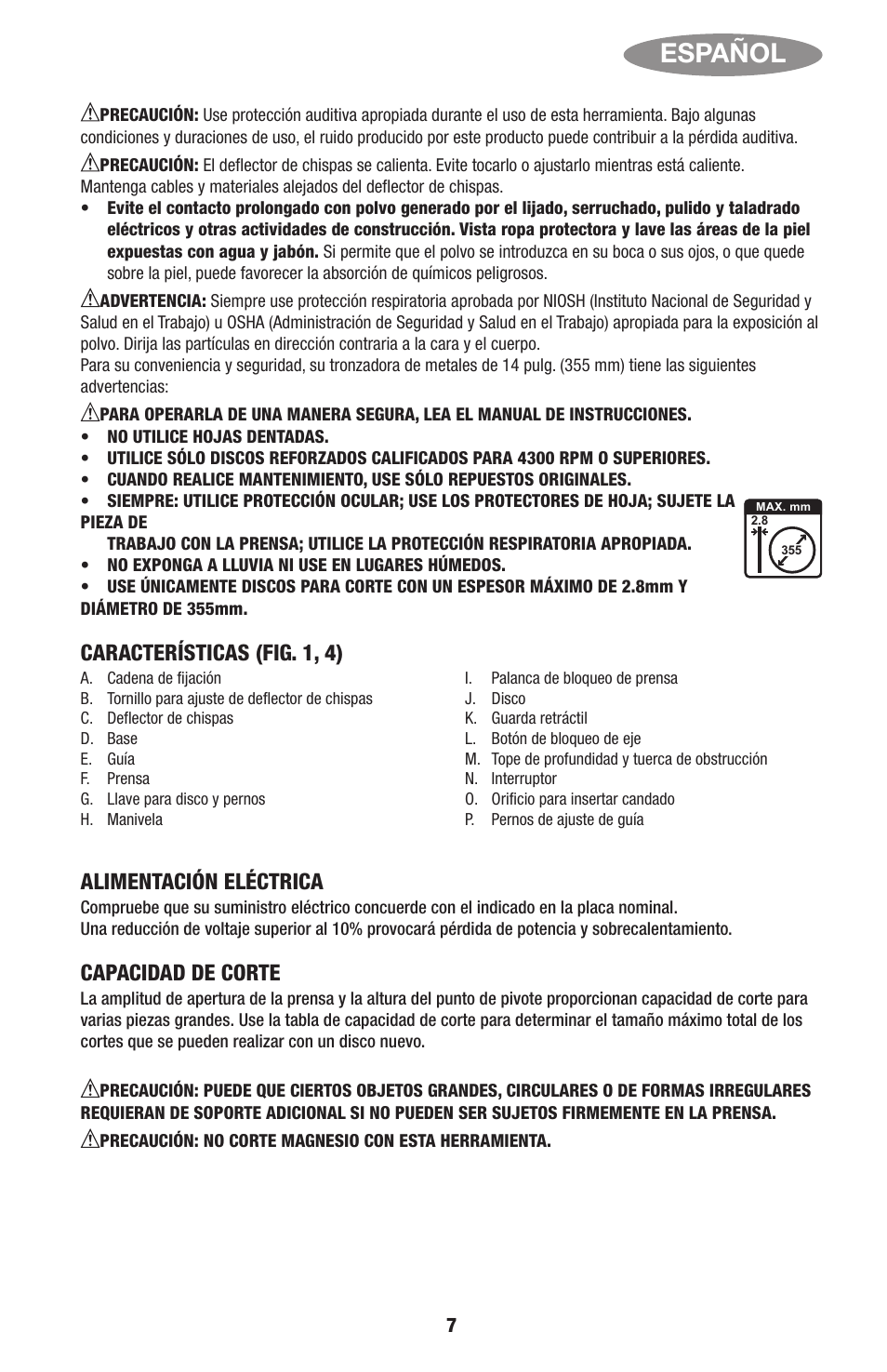 Español, Características (fig. 1, 4) alimentación eléctrica, Capacidad de corte | Black & Decker Linea Pro ITM90545036 User Manual | Page 7 / 27