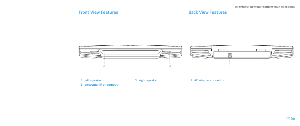 Front view features back view features, Back view features, Front view features | Dell Alienware M17x (Mid 2009) User Manual | Page 11 / 92