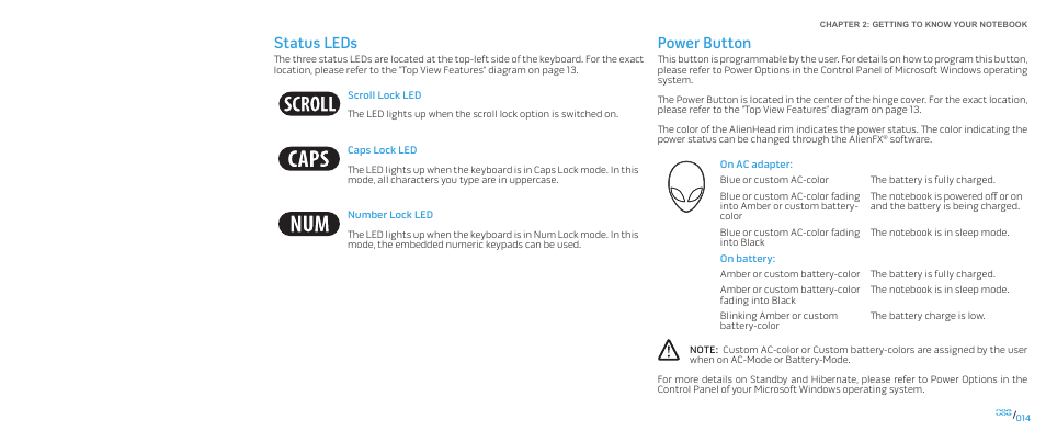 Status leds power button, Status leds, Power button | Dell Alienware M17x (Mid 2009) User Manual | Page 14 / 92