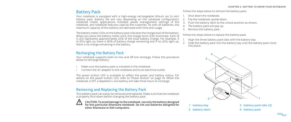 Battery pack, Recharging the battery pack, Removing and replacing the battery pack | Dell Alienware M17x (Mid 2009) User Manual | Page 17 / 92