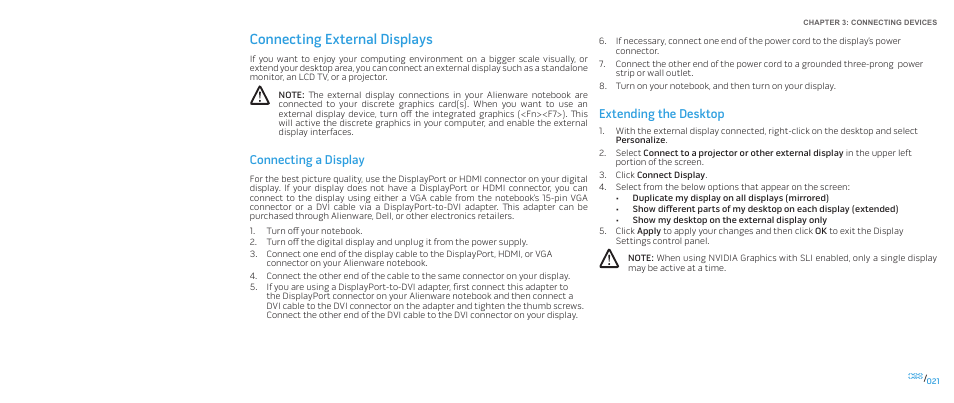 Connecting external displays, Connecting a display, Extending the desktop | Dell Alienware M17x (Mid 2009) User Manual | Page 21 / 92