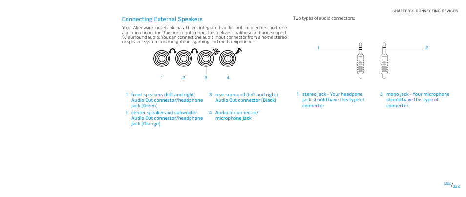Connecting external speakers | Dell Alienware M17x (Mid 2009) User Manual | Page 22 / 92