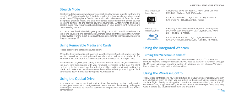 Stealth mode, Using removable media and cards, Using the optical drive | Using the integrated webcam, Using the wireless control, Turning the webcam on and off | Dell Alienware M17x (Mid 2009) User Manual | Page 25 / 92