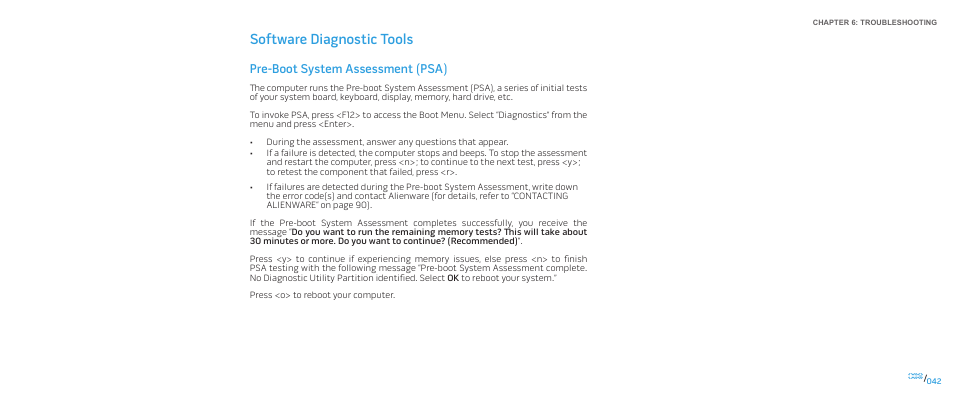 Software diagnostic tools, Pre-boot system assessment (psa) | Dell Alienware M17x (Mid 2009) User Manual | Page 42 / 92