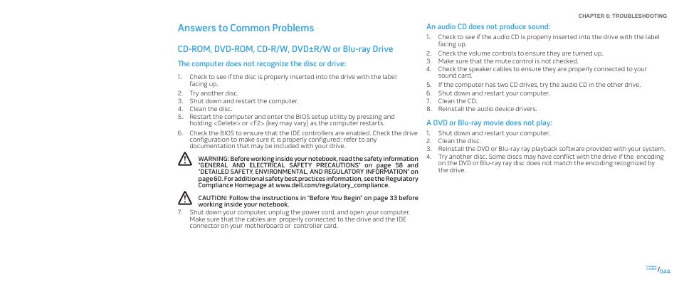 Answers to common problems, Cd-rom, dvd-rom, cd-r/w, dvd±r/w or blu-ray drive | Dell Alienware M17x (Mid 2009) User Manual | Page 44 / 92