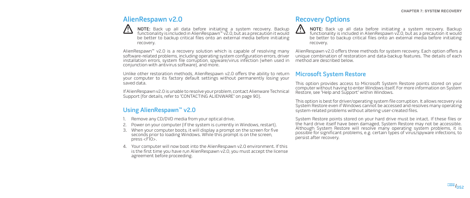 Alienrespawn v2 .0 recovery options, Alienrespawn v2.0, Recovery options | Using alienrespawn™ v2.0, Microsoft system restore | Dell Alienware M17x (Mid 2009) User Manual | Page 52 / 92