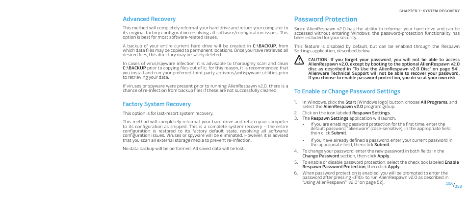 Password protection, Advanced recovery, Factory system recovery | Dell Alienware M17x (Mid 2009) User Manual | Page 53 / 92