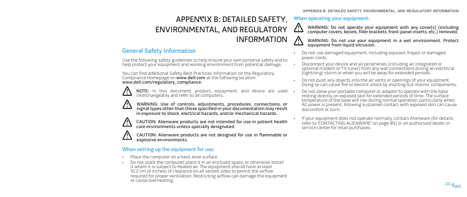 Appen, Dix b: detailed safety, environmental, and, Regulatory information | General safety information | Dell Alienware M17x (Mid 2009) User Manual | Page 60 / 92