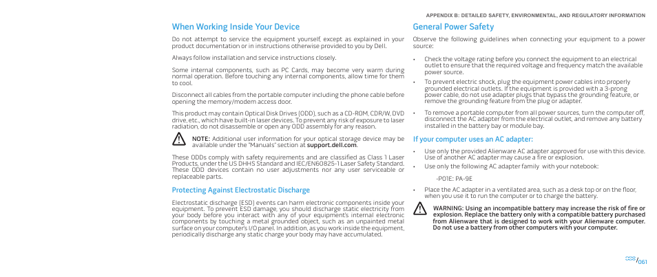 When working inside your device, General power safety | Dell Alienware M17x (Mid 2009) User Manual | Page 61 / 92