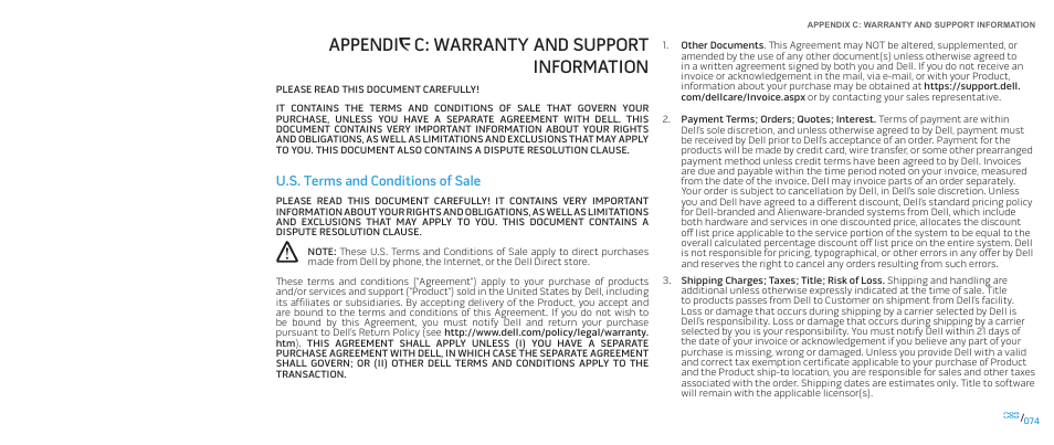 Appendi, X c: warranty and support information, Appendi x c: warranty and support information | U.s. terms and conditions of sale | Dell Alienware M17x (Mid 2009) User Manual | Page 74 / 92