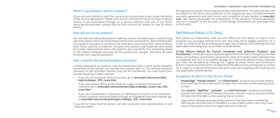Dell return policy (u.s. only) | Dell Alienware M17x (Mid 2009) User Manual | Page 82 / 92