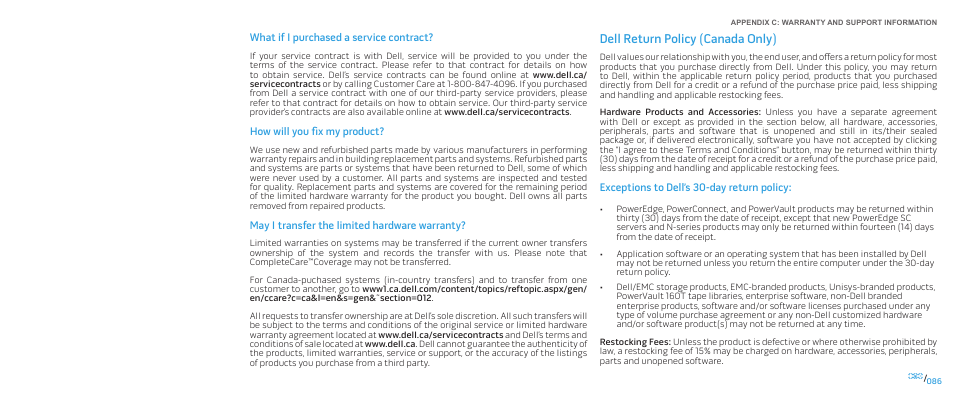 Dell return policy (canada only) | Dell Alienware M17x (Mid 2009) User Manual | Page 86 / 92