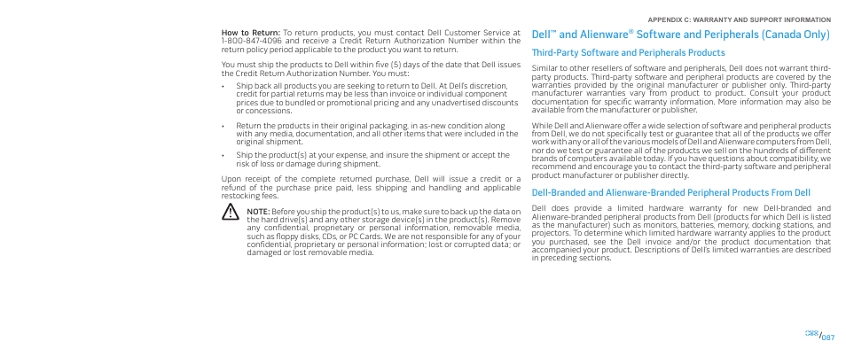 Dell™ and alienware, Software and peripherals (canada only) | Dell Alienware M17x (Mid 2009) User Manual | Page 87 / 92