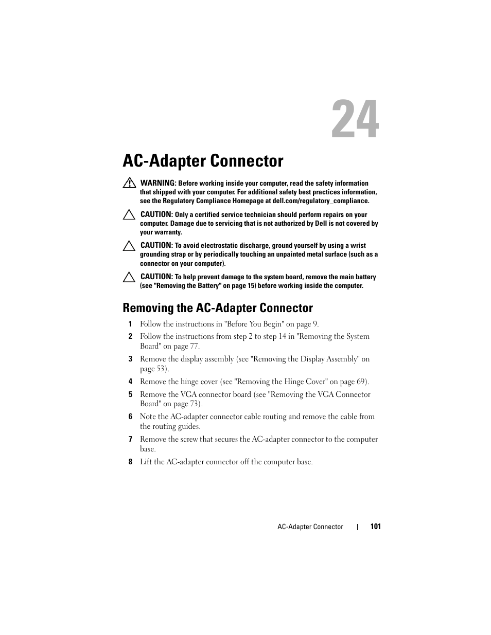 Ac-adapter connector, Removing the ac-adapter connector | Dell Inspiron M411R (Mid 2011) User Manual | Page 101 / 106