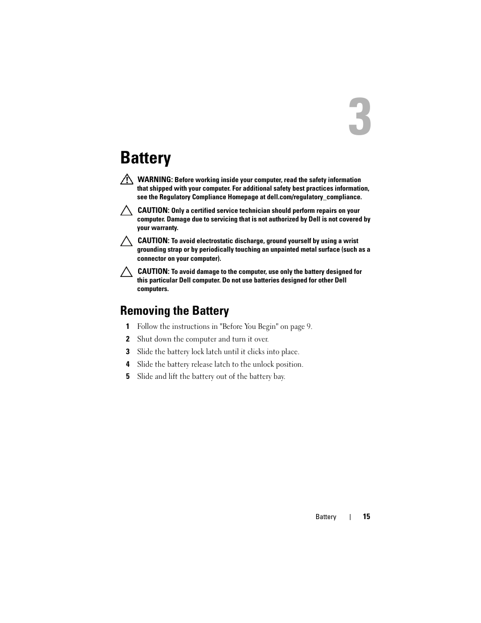 Battery, Removing the battery, 2 shut down the computer and turn it over | Dell Inspiron M411R (Mid 2011) User Manual | Page 15 / 106