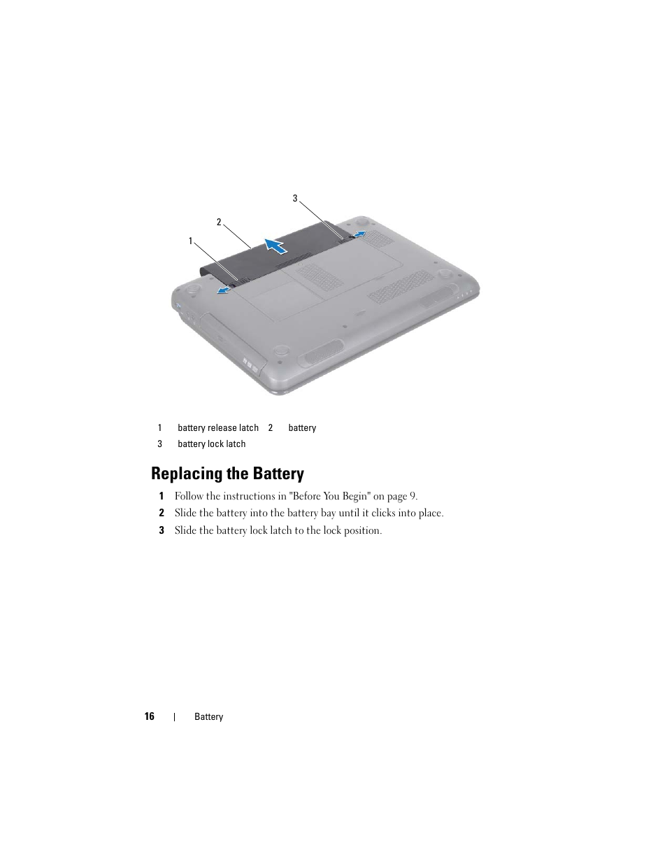 Replacing the battery | Dell Inspiron M411R (Mid 2011) User Manual | Page 16 / 106