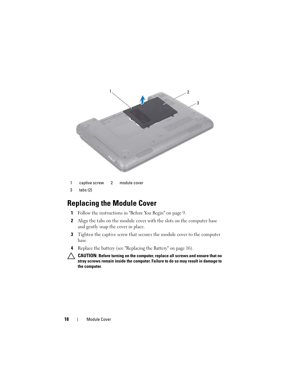 Replacing the module cover | Dell Inspiron M411R (Mid 2011) User Manual | Page 18 / 106