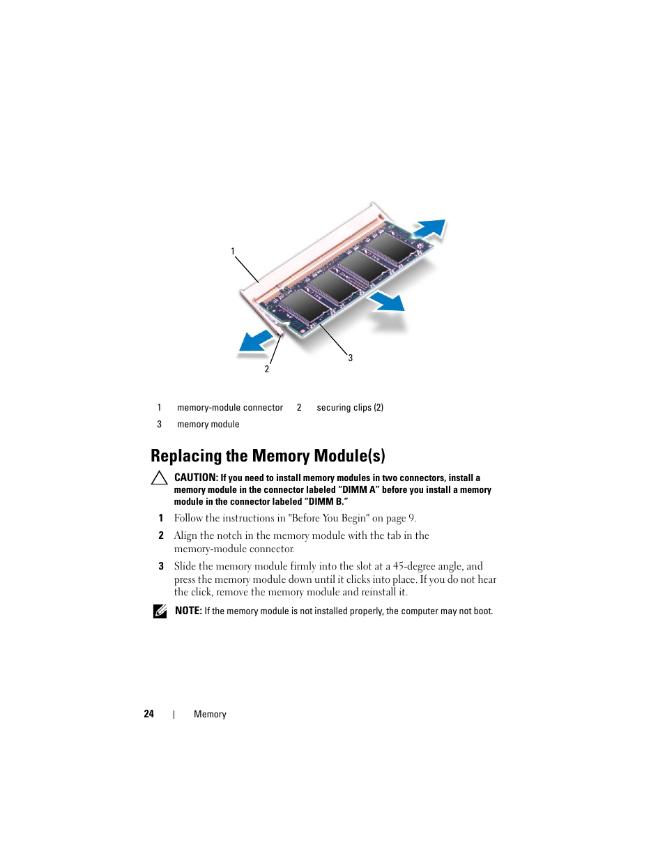 Replacing the memory module(s) | Dell Inspiron M411R (Mid 2011) User Manual | Page 24 / 106