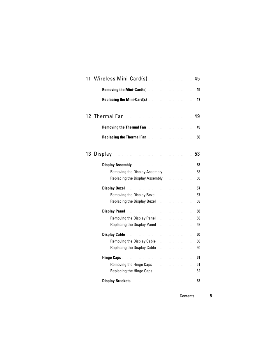 11 wireless mini-card(s), 12 thermal fan, 13 display | Dell Inspiron M411R (Mid 2011) User Manual | Page 5 / 106
