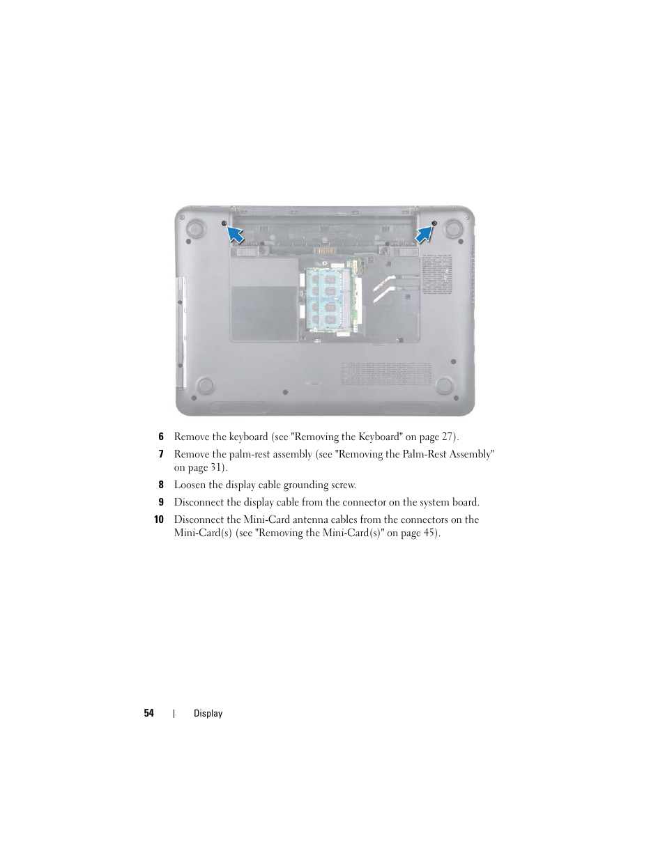 8 loosen the display cable grounding screw | Dell Inspiron M411R (Mid 2011) User Manual | Page 54 / 106