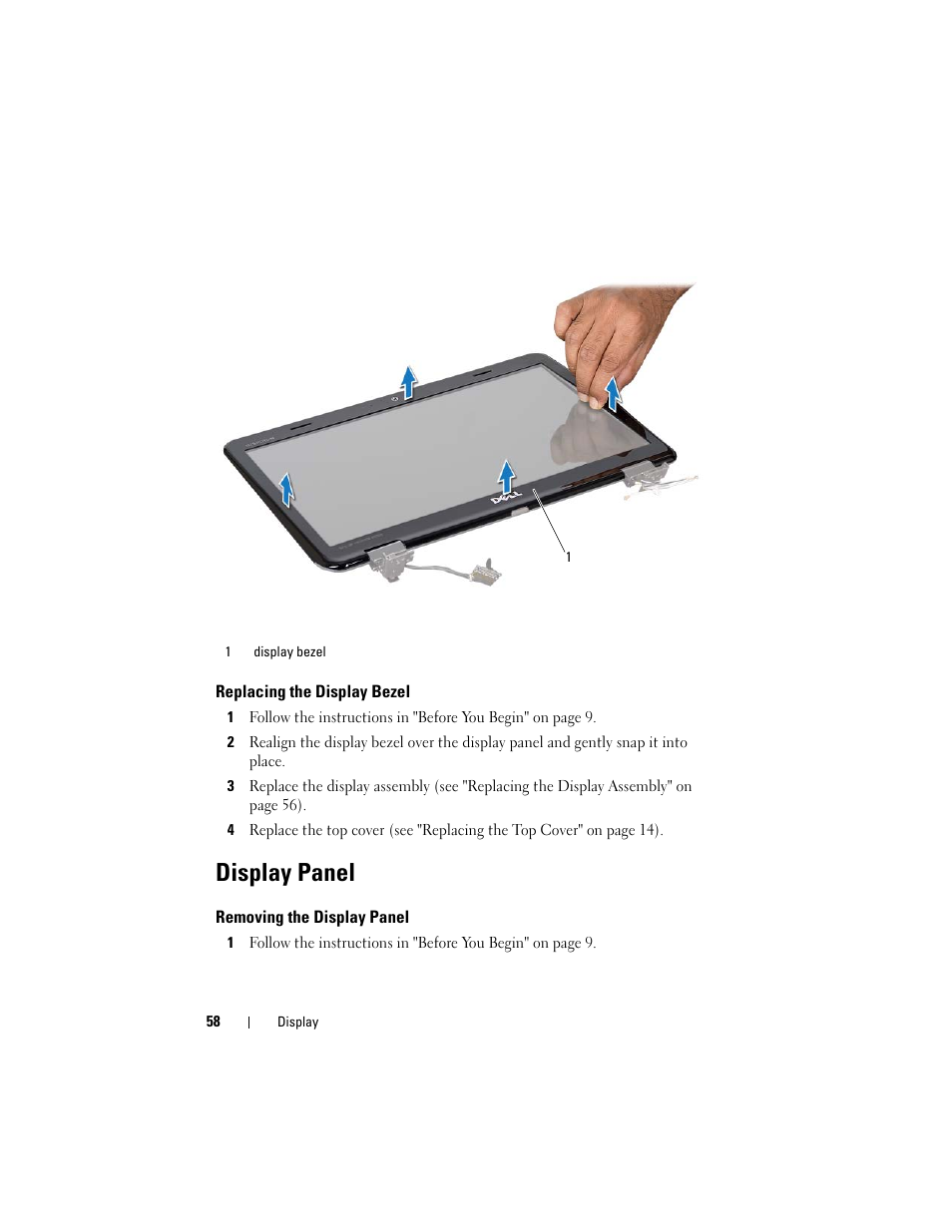 Replacing the display bezel, Display panel, Removing the display panel | Dell Inspiron M411R (Mid 2011) User Manual | Page 58 / 106