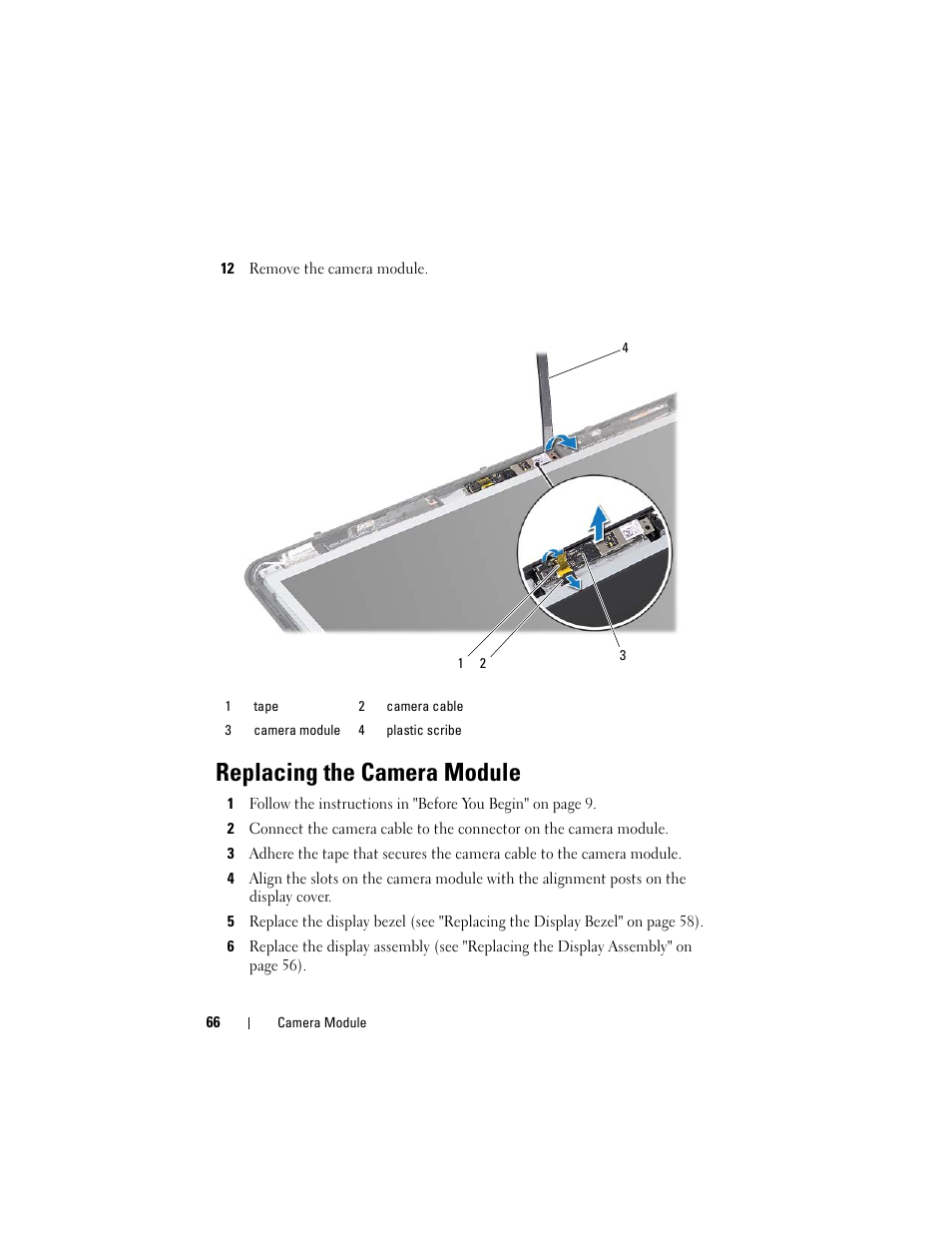 Replacing the camera module | Dell Inspiron M411R (Mid 2011) User Manual | Page 66 / 106