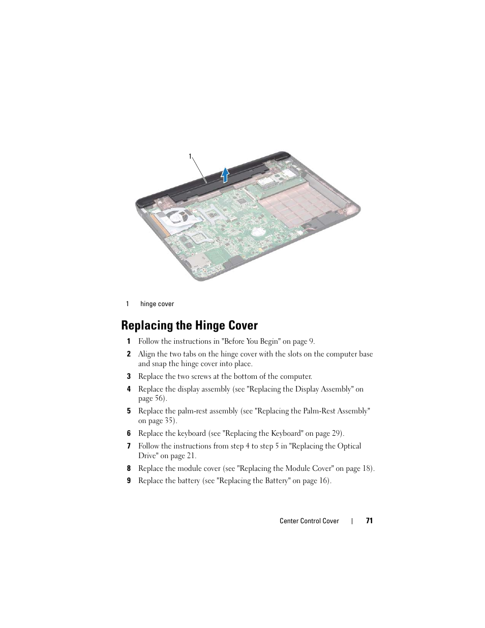 Replacing the hinge cover | Dell Inspiron M411R (Mid 2011) User Manual | Page 71 / 106