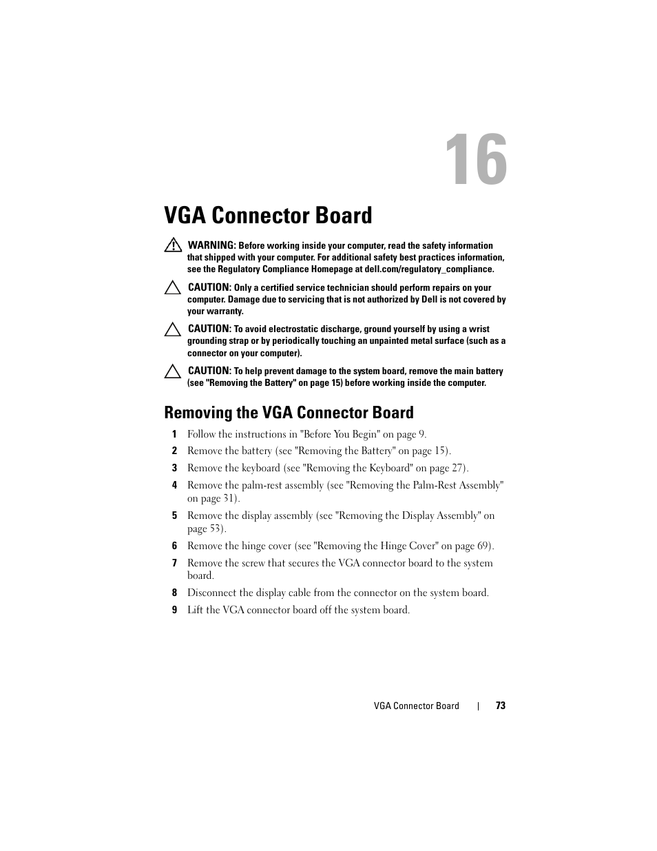 Vga connector board, Removing the vga connector board | Dell Inspiron M411R (Mid 2011) User Manual | Page 73 / 106