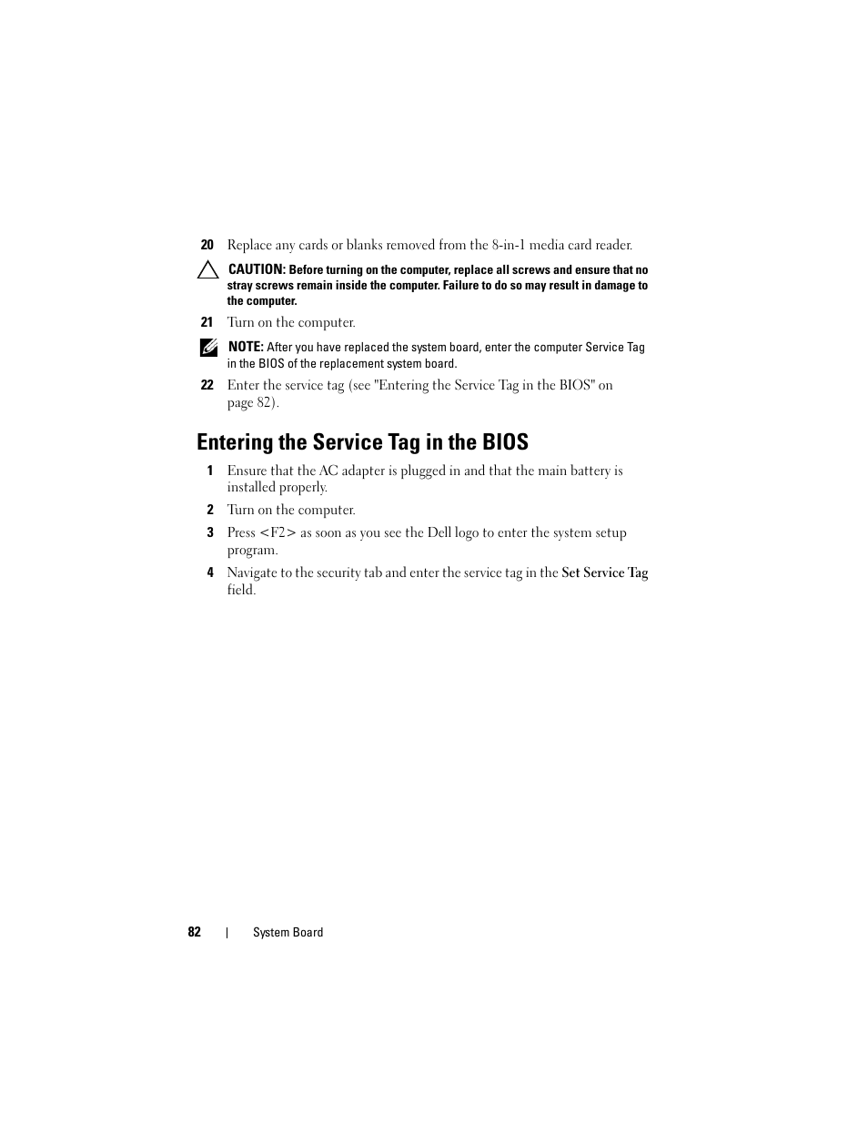 21 turn on the computer, Entering the service tag in the bios, 2 turn on the computer | Dell Inspiron M411R (Mid 2011) User Manual | Page 82 / 106