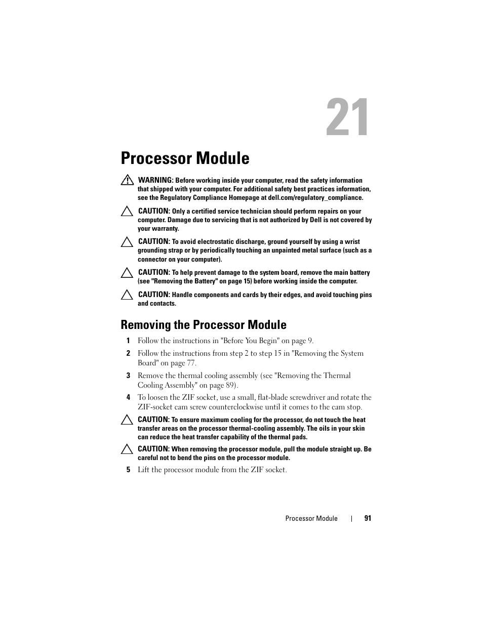 Processor module, Removing the processor module, 5 lift the processor module from the zif socket | Removing the processor module" on | Dell Inspiron M411R (Mid 2011) User Manual | Page 91 / 106